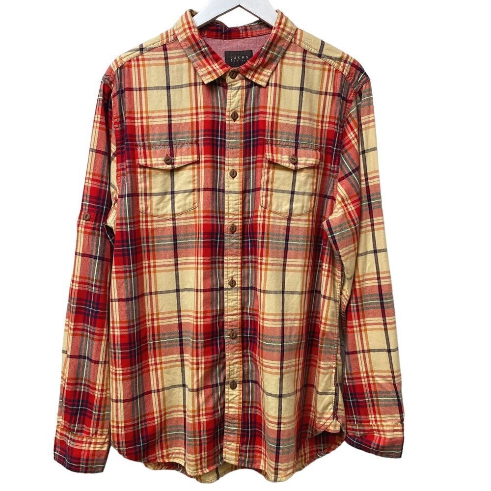 JACHS Mens Shirt Size Large 100% Cotton Red Plaid Long Sleeve Button up Utility